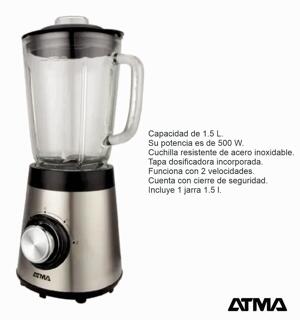 Licuadora ATMA de vaso 1,5lts jarra de vidrio acero inox. LI8450AP