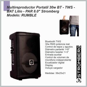 Parlante  RUMBL-NE Multireproductor Portatil STROMBERG 30W BT TWS BAT LITIO PAR 8.0»