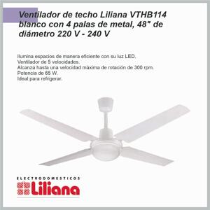 Ventilador de techo LILIANA – 4 ASPAS CHAPA REG PARED 5 VEL 1.20 – VVTHB114