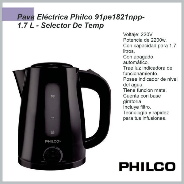 Pava Electrica PHILCO C/ Corte negra  PE1821NPP