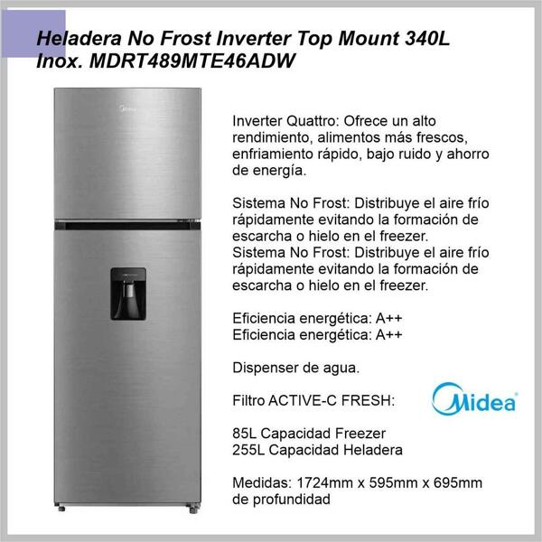 Heladera Top Mount MIDEA NF inox MDRT489MTE46ADW 340L