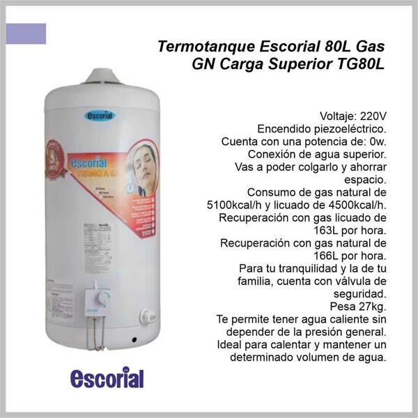 Termotanque ESCORIAL 80lts Gas GN carga superior TG80L